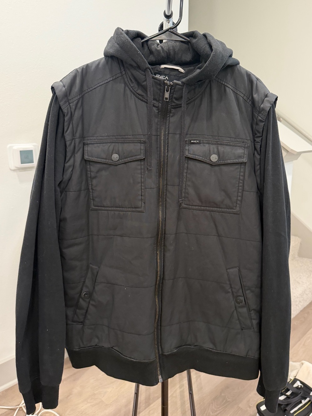 RVCA Black Quilted Hooded Shirt Jacket